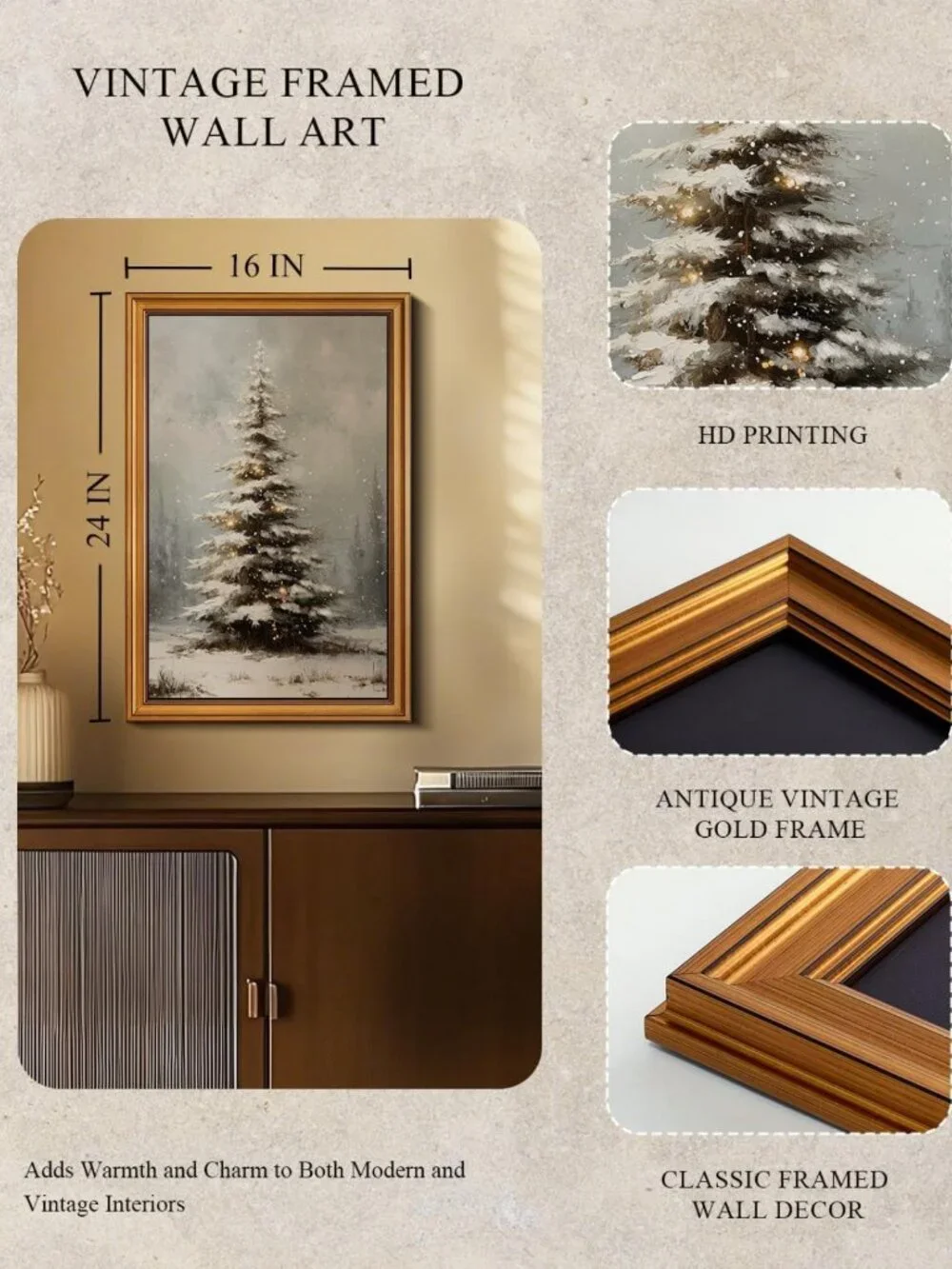 Vintage Christmas Tree Wall Art - Gold Framed Holiday Decor, 16x24 Inch